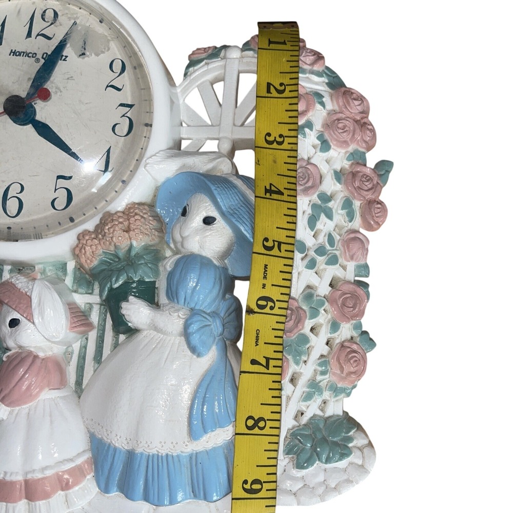 Homco Quartz Bunny Rabbit Garden Scene Mantel Clock Pink Roses Gate - Picture 15 of 16